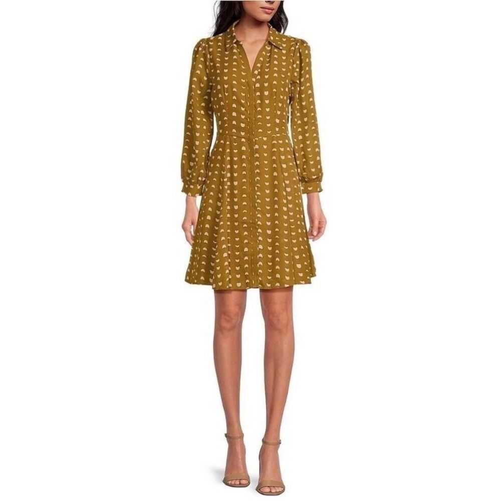 NWT Skies are Blue Sz 1X Yellow Half Moon Dot Long Sleeve Button Front Dress